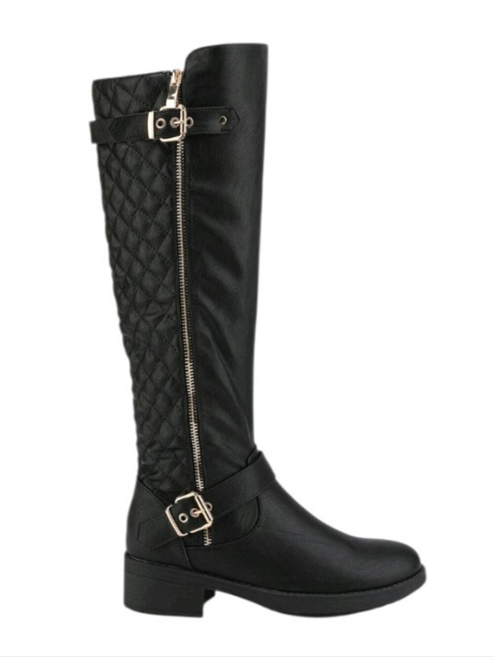 Steve Madden Black Quilted & Smooth Knee-High Riding Boots with Gold Hardware
